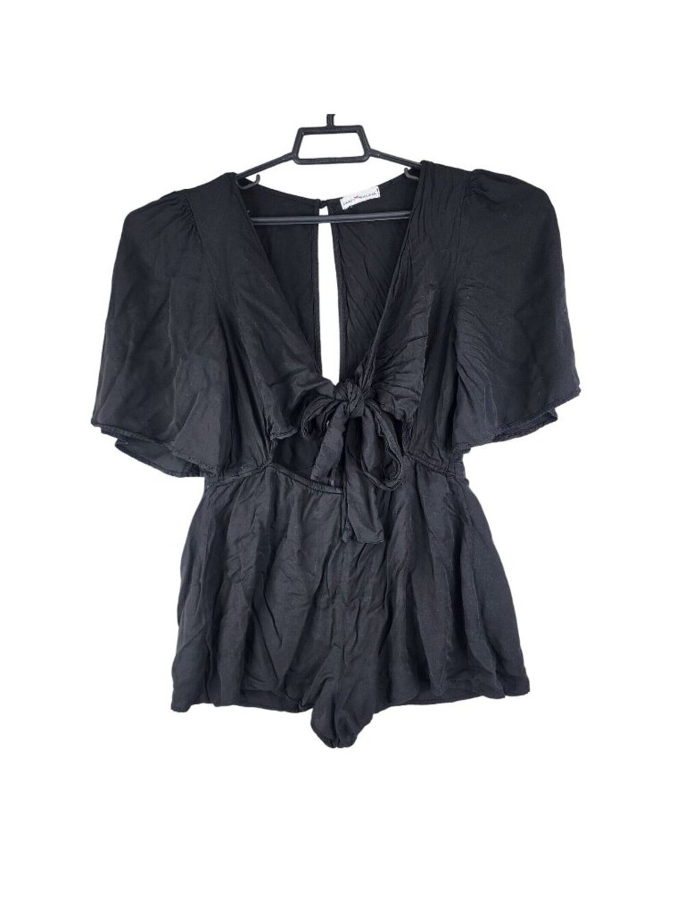 Womens Dainty Hooligan Black Tie Front Cut Out Romper Flutter Sleeve Rayon L